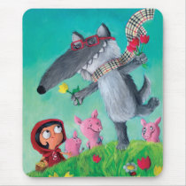 artsprojekt, big bad wolf, fairy tale, red riding hood, three little pigs, wolf, red cap, red hood, friendly wolf, pigs, grimm&#39;s fairy tales, happy wolf, friandly tale, hipster, hippie, children illustration, Musemåtte med brugerdefineret grafisk design