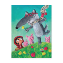artsprojekt, big bad wolf, fairy tale, red riding hood, three little pigs, wolf, red cap, red hood, unusual fairy tale, happy wolf, funny wolf, friendly wolf, pigs, wolves, grimm's fairy tales, Postcard with custom graphic design