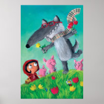 artsprojekt, big bad wolf, fairy tale, red riding hood, three little pigs, wolf, red cap, red hood, unusual fairy tale, happy wolf, funny wolf, friendly wolf, pigs, wolves, grimm's fairy tales, Poster with custom graphic design