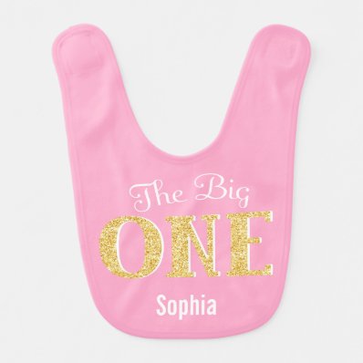 The Big One Pink Gold 1st Birthday Personalized Baby Bibs