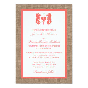 The Coral Seahorse Burlap Beach Wedding Collection 5x7 Paper Invitation Card