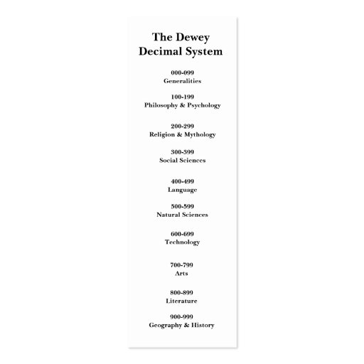 The Dewey Decimal System Bookmark Business Cards