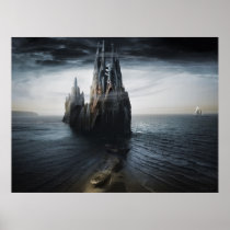 island, cathedral, gaudi, architecture, dreamscape, dreamscene, ghost, ships, wreck, seacape, phantom, mass, boat, supernatural, spirit, vessel, sunrise, sunset, isolation, surreal, inspiringsailboat, romantic, mystery, realistic, sea, ocean, skies, modern, surrealism, solitude, coasts, Poster with custom graphic design