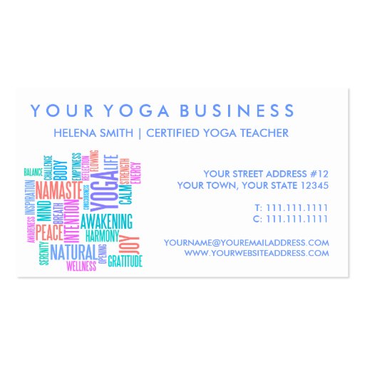 The Joy of Yoga Elegant Pastel Colored Word Cloud Business Card Template (back side)