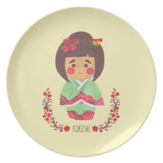 The Kokeshi Girl Illustration Dinner Plate The Kokeshi Girl Illustration Printed on Merchandise Illustration by Haidi Shabrina