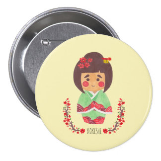 The Kokeshi Girl Illustration Round Button The Kokeshi Girl Illustration Printed on Merchandise Illustration by Haidi Shabrina