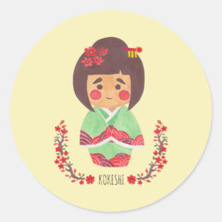 The Kokeshi Girl Illustration Round Sticker The Kokeshi Girl Illustration Printed on Merchandise Illustration by Haidi Shabrina