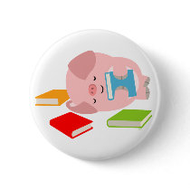 The Little Book Lover ( Cartoon Pig) Button Badge by Lioness_Graphics The Little Book Lover ( Cartoon Pig) Button Badge