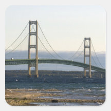 The Mackinac Bridge spanning the Straits of 4 Square Stickers