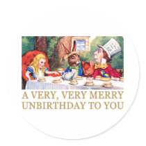 THE MAD HATTER WISHES ALICE A MERRY UNBIRTHDAY! ROUND STICKERS