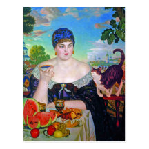 The Merchant's Wife & Cat by Boris Kustodiev Postcards
