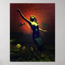 mermaid, mermaids, ocean, oceans, dolphin, dolphins, sea, seas, fish, ship, art, fantasy, realism, digital art, Poster with custom graphic design