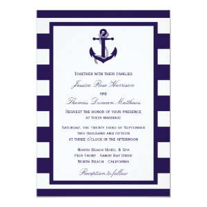 The Nautical Anchor Navy Stripe Wedding Collection 5x7 Paper Invitation Card