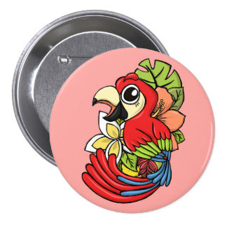 The Pretty Pink Parrot Illustration Buttons The Pretty Pink Parrot Illustration Printed on Merchandise Illustration by Haidi Shabrina