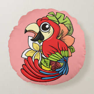 The Pretty Pink Parrot Illustration Round Pillow The Pretty Pink Parrot Illustration Printed on Merchandise Illustration by Haidi Shabrina