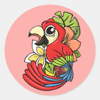 The Pretty Pink Parrot Illustration Round Sticker The Pretty Pink Parrot Illustration Printed on Merchandise Illustration by Haidi Shabrina