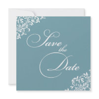 The Sarah Jane Blue/Green and white Save the Date invitation