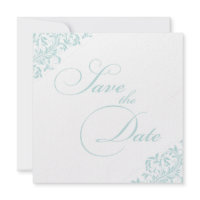 The Sarah Jane light blue and white Save the Date invitation