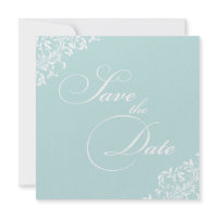 The Sarah Jane light blue and white Save the Date invitation