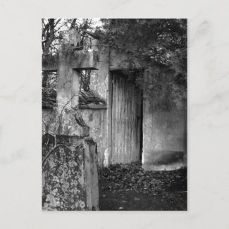 The shed in the cemetery in black and white postcard