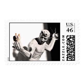 The Spirit of Detroit with a bride and groom stamp