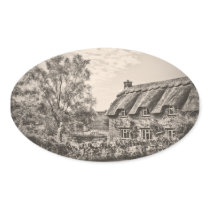 The Thatched Cottage (Vintage B&W) oval stickers