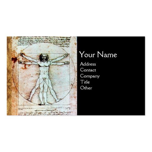 THE VITRUVIAN MAN , Antique Black Brown Parchment Business Card (front side)