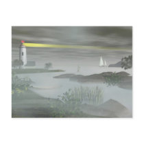 lighthouse, lighthouses, boat, boats, sailboat, sailboats, ocean, sea, nautical, ship, ships, water, scenic, scene, art, pier, piers, fantasy, realism, Postcard with custom graphic design