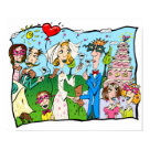 postcard - A wonderful cast of characters is portrayed in this unique art design featuring a wedding reception.  Note the dog looking out from under the table. This is a keeper!