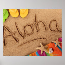 The word Aloha written on a sandy beach, with 2 Posters