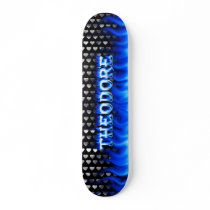 Theodore skateboard blue fire and flames design