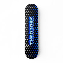 Theodore skateboard blue fire and flames design