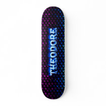 Theodore skateboard blue fire and flames design