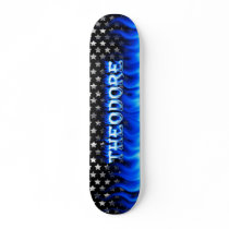 Theodore skateboard blue fire and flames design