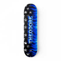 Theodore skateboard blue fire and flames design