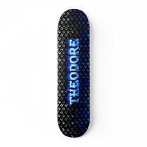 Theodore skateboard blue fire and flames design