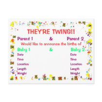 They're Twins Baby Announcement for Twins postcards