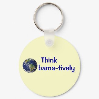Think Obamatively_world, blue on yellow keychain