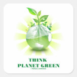 Think Planet Green (Green Leaves Planet Earth) Square Sticker