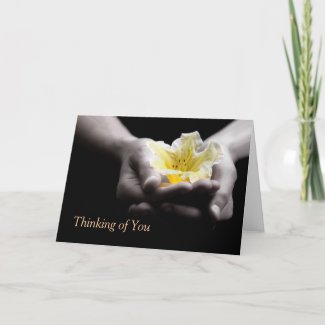 Thinking of You Delicate Yellow Flower In Hands Greeting Card