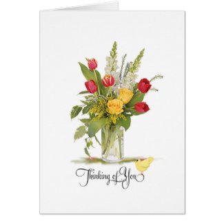 Thinking of You Roses and Tulip Flower Bouquet Greeting Card