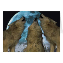 THREE 3 WOLVES HOWLING BLUE MOON GREETING CARD