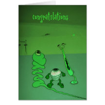three aliens looking up at ufo greeting card