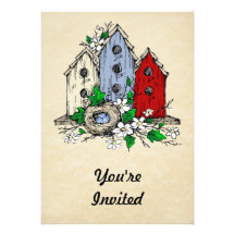 Three Birdhouses, a Nest and Flowers Invites