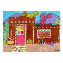 Three Cats at an Adobe Gingerbread House Greeting Cards