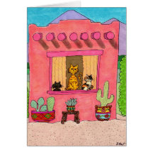 Three Cats in a Pink Adobe House Greeting Card