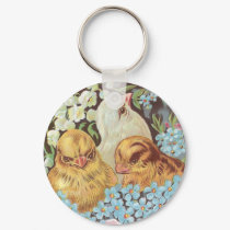 Three Chicks in Pink Easter Egg with Flowers keychains