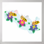three cute happy bumble bees on flowers posters