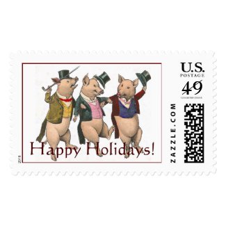 Three Dancing Pigs Happy Holidays Stamp