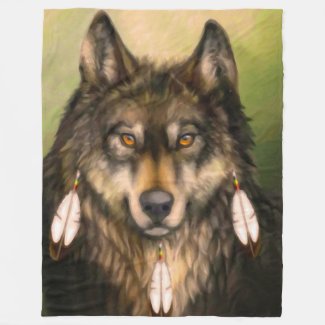 Three Feather Wolf Fleece Blanket